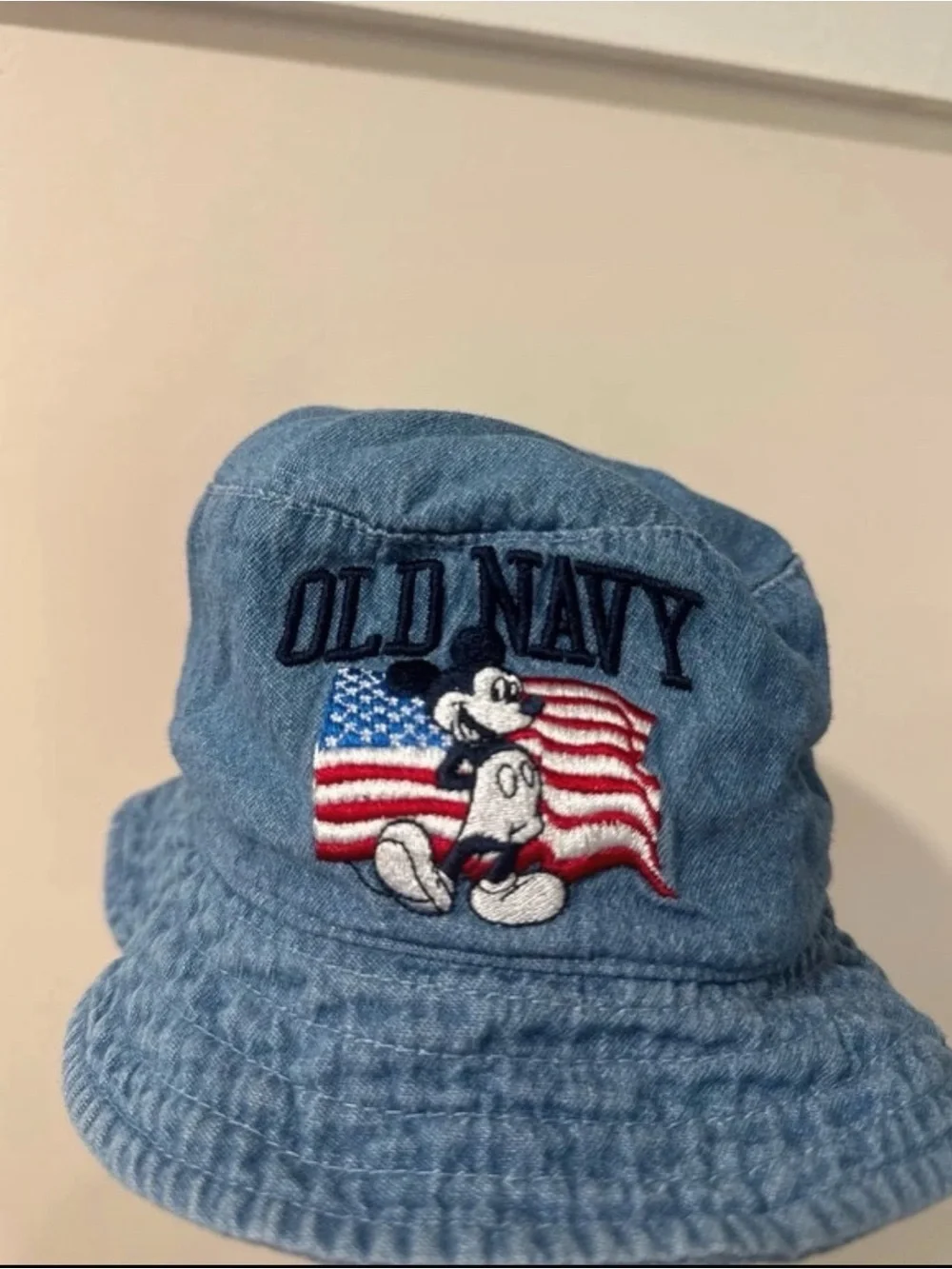 Old Navy Denim Bucket Hat with Flag & Character Patch
